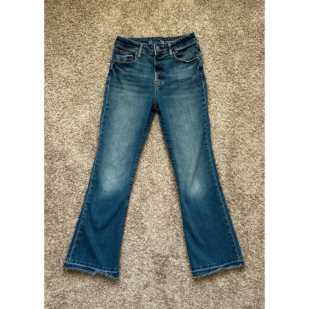 GAP Kids 70s Flare High Rise Jeans I Blue Medium Wash I Raw Hem I Size 14 Girls